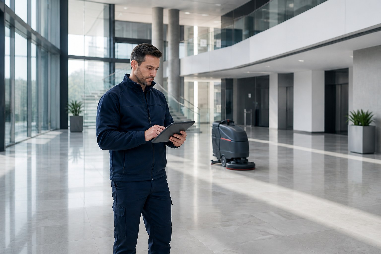 Facility technik při kontrole provozu moderní firemní budovy